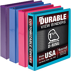 Samsill Durable View Binders 1 1/2" Binder Capacity - 350 Sheet Capacity - Fastener: D-Ring - Chipboard, Polypropylene - Assorted - Recycled - Clear Overlay, Durable, Non-glare, PVC-free, Non-stick, Ink-transfer Resistant - 4 / Pack (MP46459) Samsill Durable View Binders 1 1/2" Binder Capacity - 350 Sheet Capacity - Fastener: D-Ring - Chipboard, Polypropylene - Assorted - Recycled - Clear Overlay, Durable, Non-glare, PVC-free, Non-stick, Ink-transfer Resistant - 4 / Pack (MP46459)