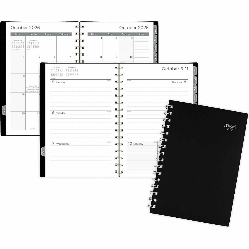 Mead 15-Month Weekly/Monthly Planner Small - Weekly, Monthly - 12 Month - October 2026 to December 2027 - 1 Week, 1 Month Double Page Layout - 8 1/2" x 5 1/2" Sheet Size - White Sheet - Twin Wire - Black - Poly - Black Cover - 1 Each (CRW42005)