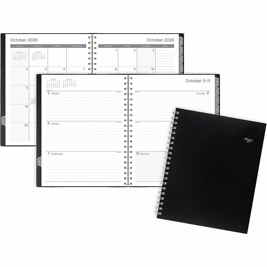 Mead Basic Weekly Monthly Planner, Black, Large, 8 1/2" x 11" Large - Weekly, Monthly - 15 Month - October 2026 to December 2027 - 1 Week, 1 Month Double Page Layout - 8 1/2" x 11" Sheet Size - Twin Wire - Black - Poly - Black Cover - 1 Each (CRW62005)