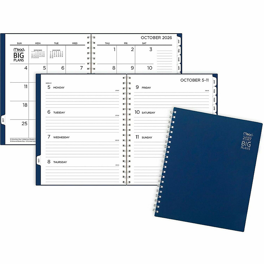 Mead 2026-2027 BIG PLANS Weekly Monthly Planner, Navy, Large, 8 1/2" x 11" Large - Weekly, Monthly - 15 Month - October 2026 to December 2027 - 1 Week, 1 Month Double Page Layout - 8 1/2" x 11" Sheet Size - White Sheet - Wire Bound - Blue - Pol (CRW63020)