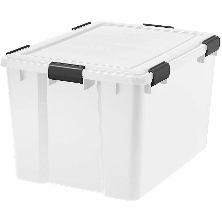 IRIS WeatherTight Heavy-duty Storage Tote External Dimensions: 23.6" Length x 17.8" Width x 14.5" Height - 18.50 gal - Lid, Buckle Latch Closure - Heavy Duty - Stackable - Plastic, Polypropylene - Black, Clear Swatch - For Clothes, Document, Food (110586)