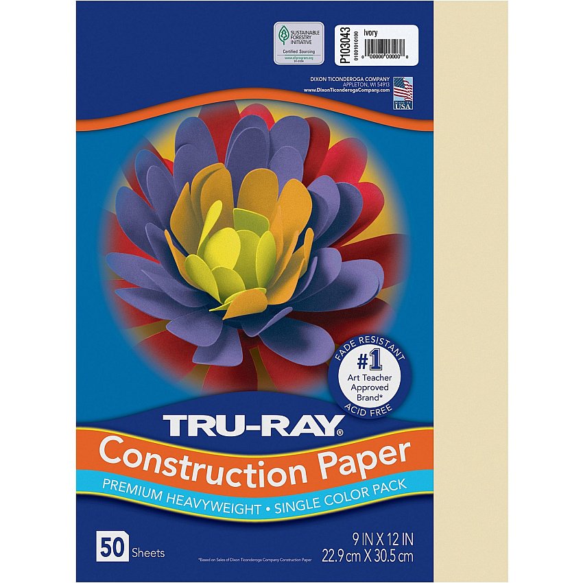 Tru-Ray Construction Paper Art Project, Craft Project - 9" Width x 12" Length - 76 lb Basis Weight - Ivory - Fiber, Sulphite - 50 / Pack (P103043)