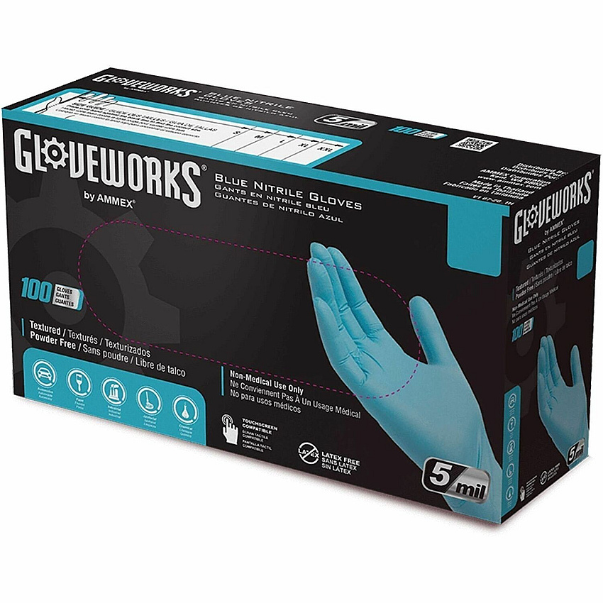Ammex Gloveworks Blue Nitrile PF Ind SM Gloves 5 mil Thickness - Small Size - For Right/Left Hand - Nitrile - Blue - Textured, Durable, Comfortable, Latex-free, Puncture Resistant, Micro Roughened Grip, Non-sterile - For Automotive, Chemical,  (INPF42100)