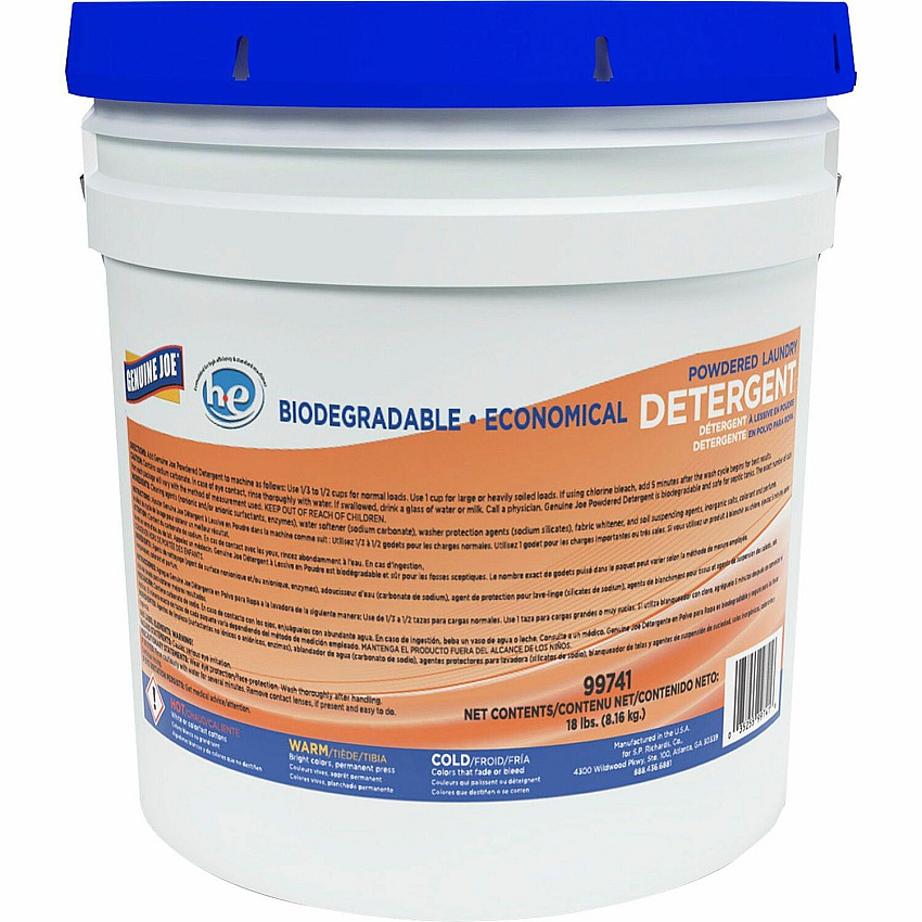 Genuine Joe Economical Powdered Laundry Detergent 288 oz (18 lb) - Non-toxic, Deodorize, Residue-free, Dye-free, Environmentally Friendly - White - 1 Each (GJO99741)