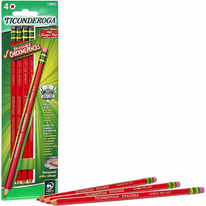 Ticonderoga Erasable Pre-Sharpened Checking Pencils Red Lead - Red Barrel - 4 / Pack (X13941)