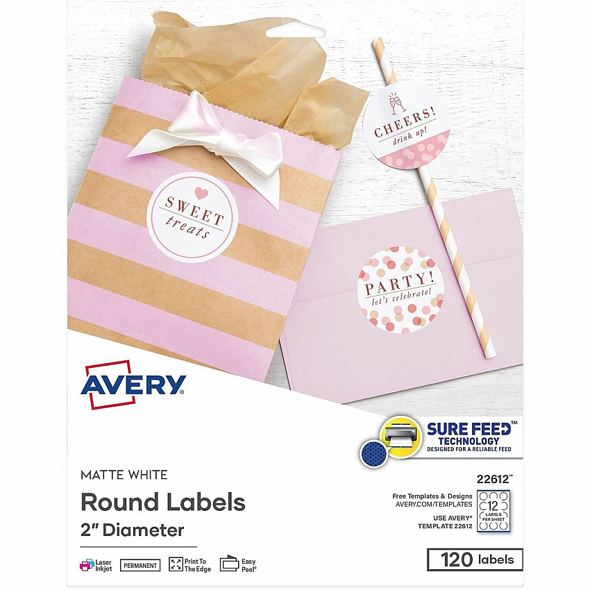Avery&reg; Easy Peel Multipurpose Label 2" Diameter - Permanent Adhesive - Round - Inkjet, Laser - Matte White - 12 / Sheet - 10 Total Sheets - 120 Total Label(s) - 120 / Pack (22612)