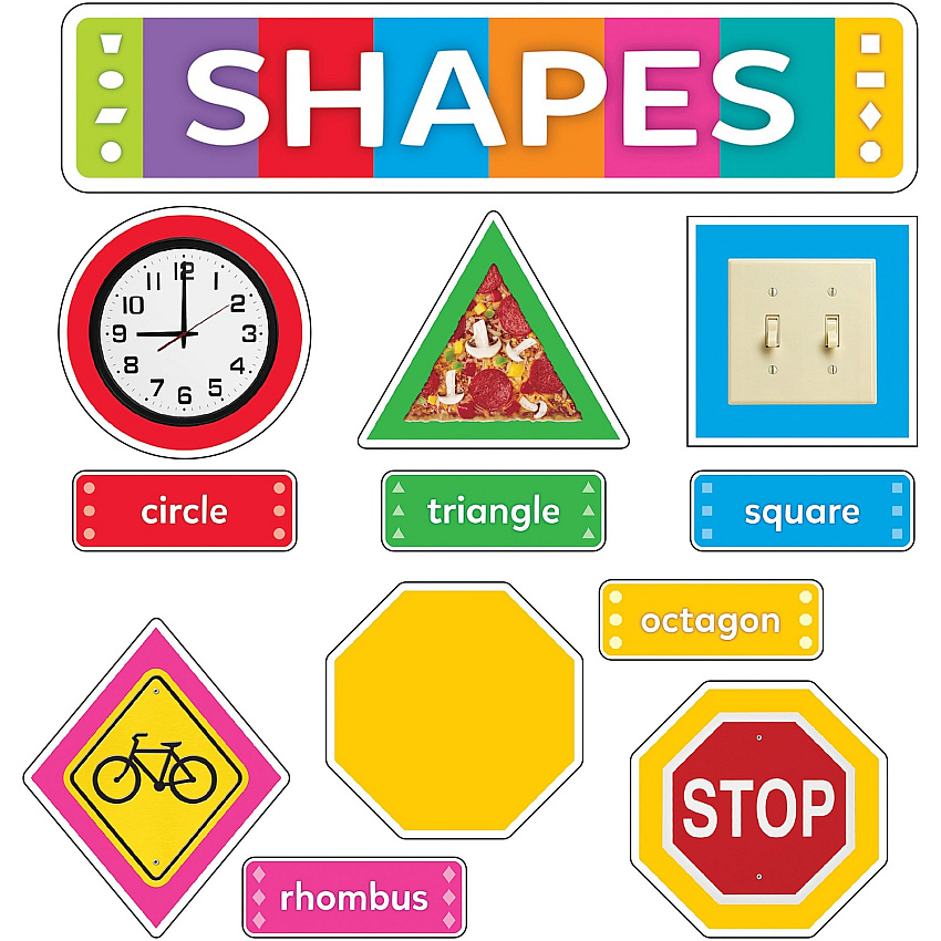 Trend Shapes All Around Us Learning Set Learning Theme/Subject - 1 x Circle, 1 x Triangle, 1 x Square, 1 x Oval, 1 x Octagon, 1 x Parallelogram, 1 x Rhombus, 1 x Rectangle, 1 x Trapezoid Shape - Durable, Reusable, Sturdy - Multi - 1 Each (T19004)