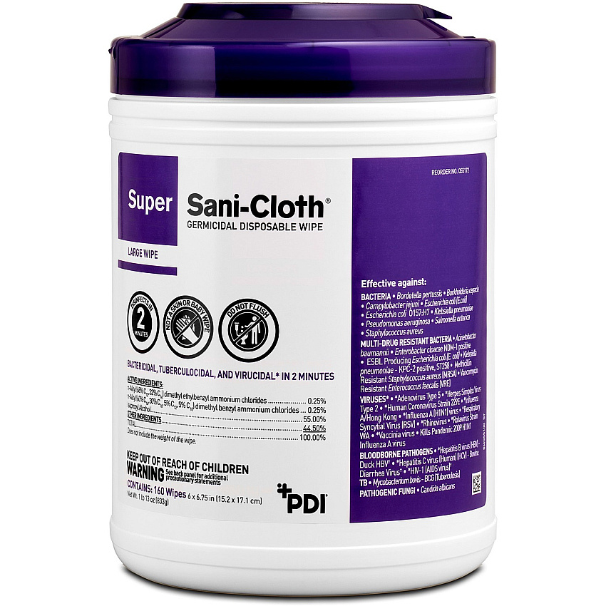 PDI Super Sani-Cloth Germicidal Disposable Wipe 6.75" Length x 6" Width - Disposable, Disinfectant, Deodorize, Latex-free, Bleach-free, Virucidal, Fungicide, Strong, Pre-moistened, Antimicrobial - White - 160/Tub - 1 Each (Q55172)