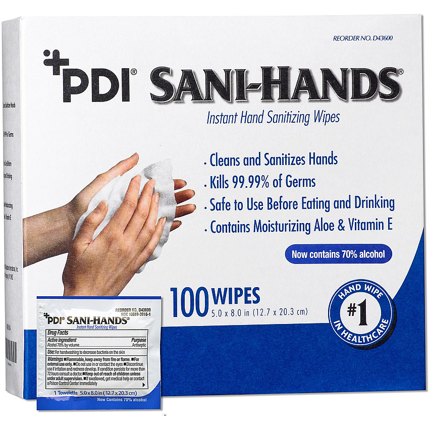 PDI Sani-Hands Instant Hand Sanitizing Wipes White - 100 / Box (D43600)