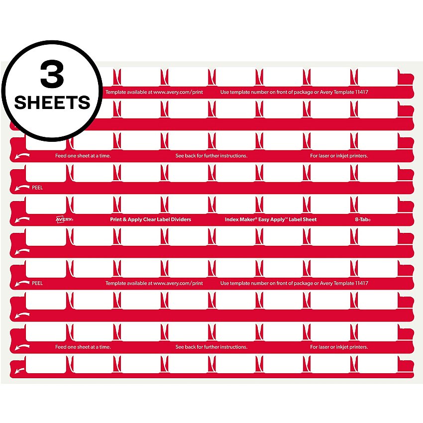 Avery&reg; 8 Tab Easy Print & Apply Clear Label Sheet Refills Inkjet, Laser - Clear - Plastic - 3 Total Sheets - 30/Pack - 30 / Pack (11226)