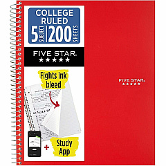 Acco Five Star Wirebound Notebook 5 Subject(s) - 200 Pages - Wire Bound - College Ruled Front Ruling - Letter - 8 1/2" x 11" Sheet Size - Red Cover - Double Sided Sheet, Durable, Water Resistant, Wear Resistant, Tear Proof, Spill Resistant, Po (820004CK1) Acco Five Star Wirebound Notebook 5 Subject(s) - 200 Pages - Wire Bound - College Ruled Front Ruling - Letter - 8 1/2" x 11" Sheet Size - Red Cover - Double Sided Sheet, Durable, Water Resistant, Wear Resistant, Tear Proof, Spill Resistant, Po (820004CK1)