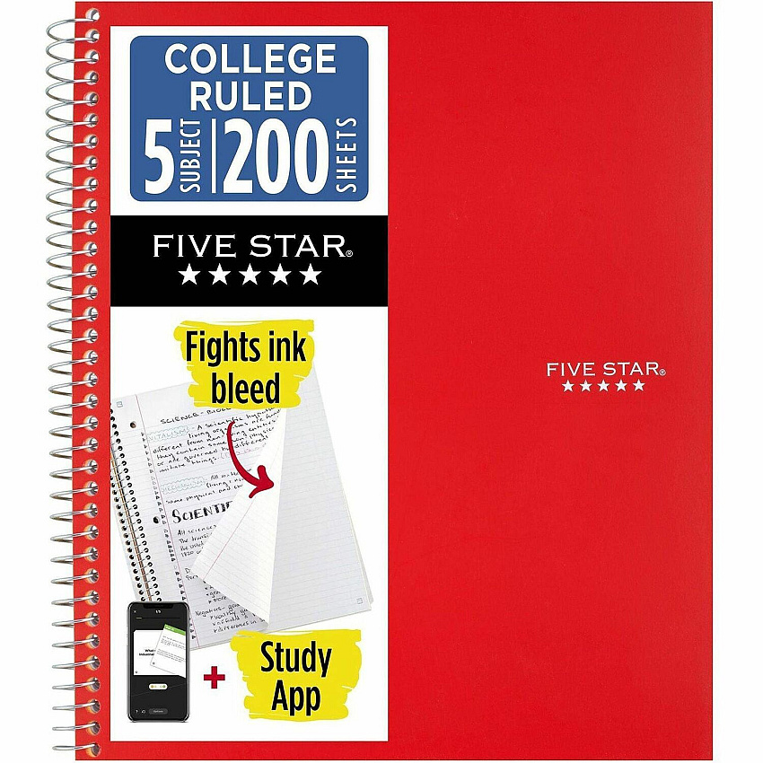 Acco Five Star Wirebound Notebook 5 Subject(s) - 200 Pages - Wire Bound - College Ruled Front Ruling - Letter - 8 1/2" x 11" Sheet Size - Red Cover - Double Sided Sheet, Durable, Water Resistant, Wear Resistant, Tear Proof, Spill Resistant, Po (820004CK1)