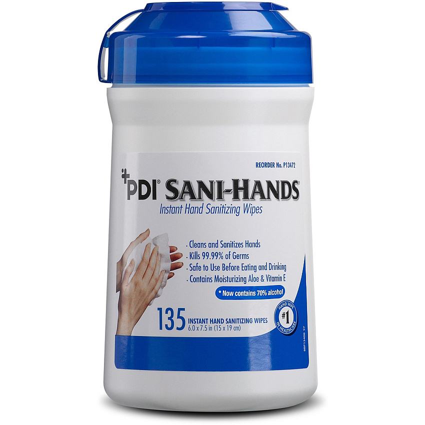 PDI Sani-Hands Instant Hand Sanitizing Wipes 6" Width x 7.50" Length - White - 135/Tub - 1 Each (P13472)