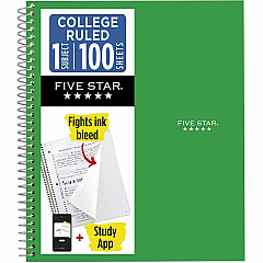 Acco Five Star Wirebound Notebook 1 Subject(s) - 100 Sheets - 100 Pages - Wire Bound - Letter - 8 1/2" x 11" Sheet Size - Forest Green Plastic Cover - Double Sided Sheet, Bleed Resistant, Perforated, Storage Pocket, Water Resistant, Spiral Loc (820002CE1) Acco Five Star Wirebound Notebook 1 Subject(s) - 100 Sheets - 100 Pages - Wire Bound - Letter - 8 1/2" x 11" Sheet Size - Forest Green Plastic Cover - Double Sided Sheet, Bleed Resistant, Perforated, Storage Pocket, Water Resistant, Spiral Loc (820002CE1)
