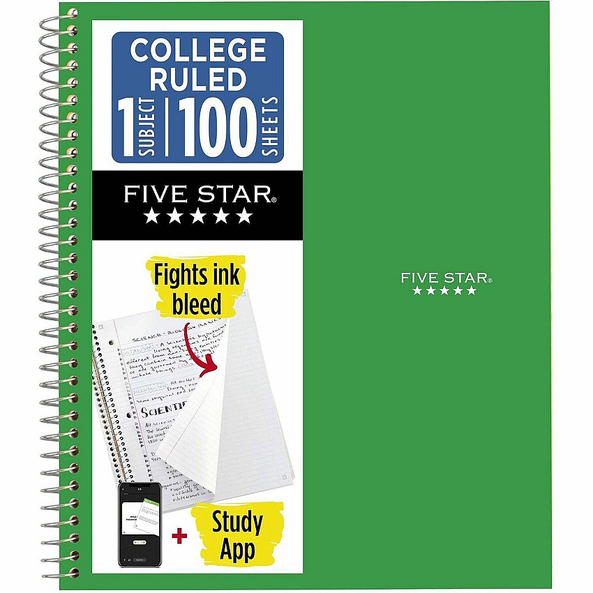 Acco Five Star Wirebound Notebook 1 Subject(s) - 100 Sheets - 100 Pages - Wire Bound - Letter - 8 1/2" x 11" Sheet Size - Forest Green Plastic Cover - Double Sided Sheet, Bleed Resistant, Perforated, Storage Pocket, Water Resistant, Spiral Loc (820002CE1)