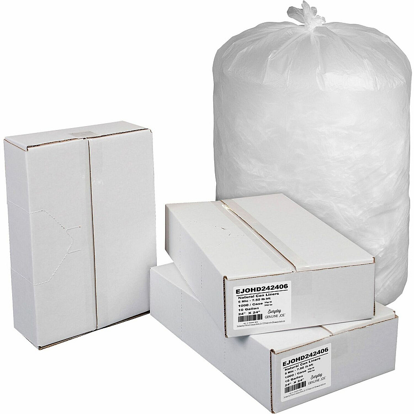 Everyday Genuine Joe High-Density Can Liners 10 gal Capacity - 24" Length x 24" Width x 0.20 mil (5 Micron) Thickness - High Density - Natural - Resin - Office Waste, Receptacle - 1000 / Carton (HD242406)
