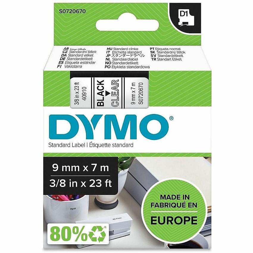 Dymo D1 Electronic Tape Cartridge 3/8" Width x 23 ft Length - Rectangle - Thermal Transfer - Glossy - Black, Clear - Plastic - 1 Each (S0720670)