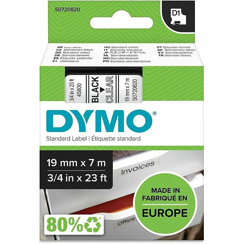 Dymo D1 Electronic Tape Cartridge 3/4" Width x 23 ft Length - Rectangle - Thermal Transfer - Black, Clear - Plastic - 1 Each (S0720820)