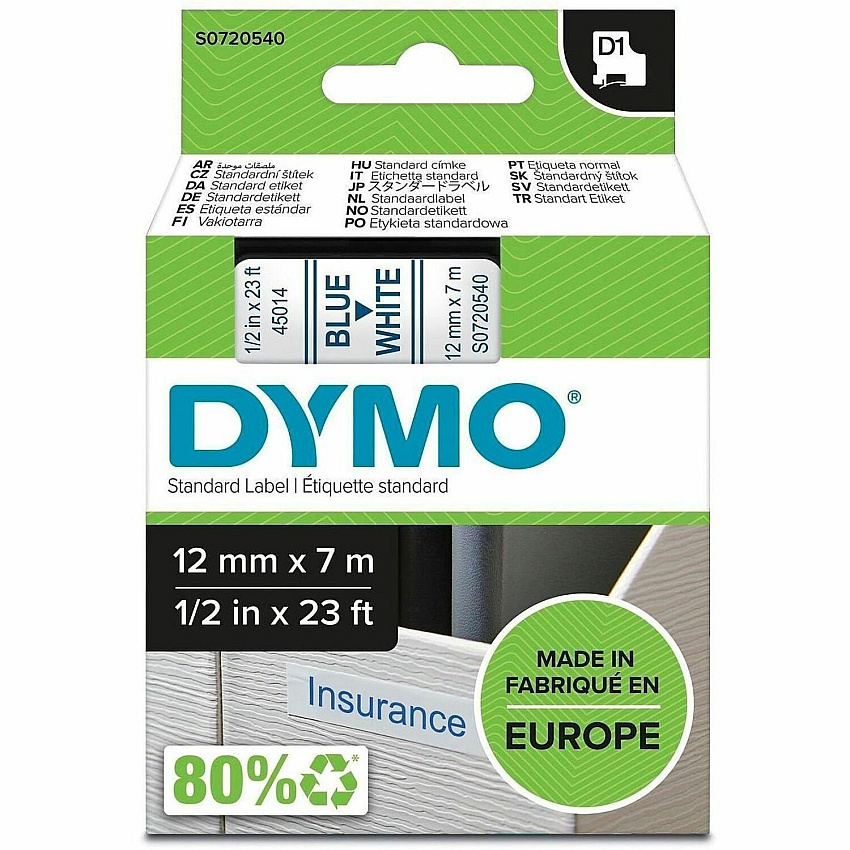 Dymo D1 Electronic Tape Cartridge 1/2" Width x 23 ft Length - Rectangle - Thermal Transfer - Glossy - Blue, White - 1 Each (S0720540)
