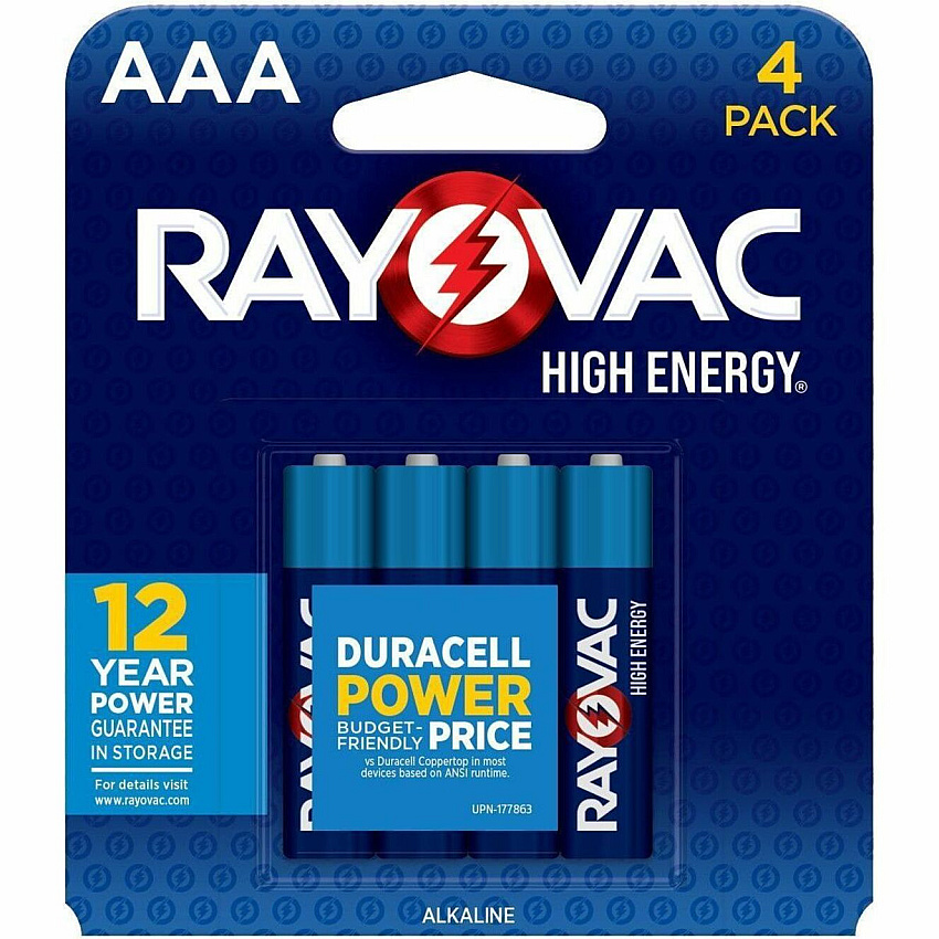 Rayovac High Energy Alkaline AAA Batteries For Flashlight, Toy, Mouse, Remote Control - AAA - 12 Year Shelf Life - 4 / Pack (8244T)