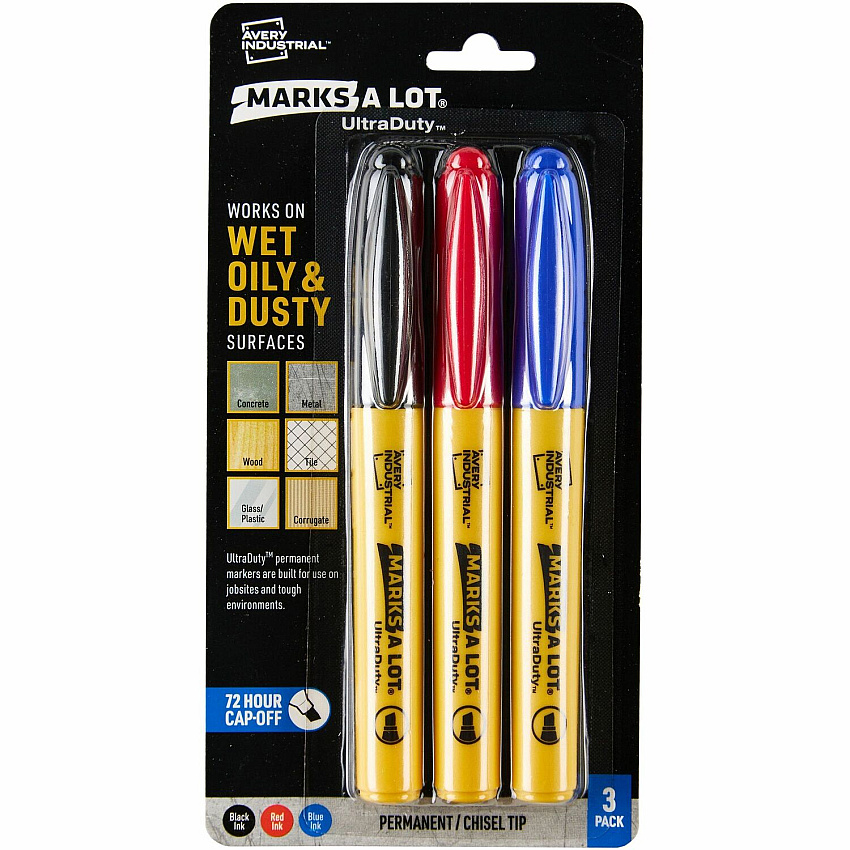 Avery Marks A Lot Avery&reg; Marks A Lot UltraDuty Markers, Chisel Tip, 3 Assorted Markers Black, Red, Blue Ink - Polyester Tip - 3 / Pack (29864)