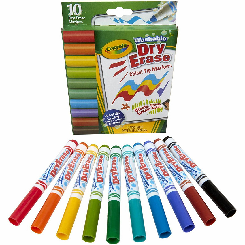 Crayola Washable Dura-Wedge Tip Dry-Erase Markers Erasable - Washable - Multicolor Ink - Assorted Barrel - 10 / Pack (587733)