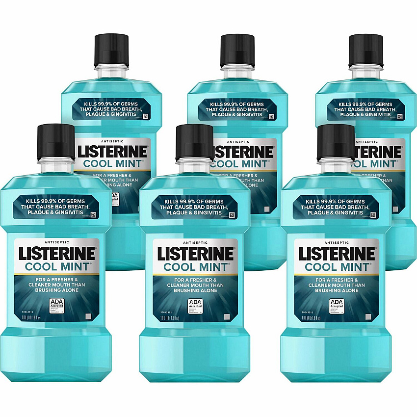 LISTERINE&reg; Cool Mint Antiseptic Mouthwash For Bad Breath, Cleaning - Cool Mint - 1.06 quart - 6 / Carton (42735CT)