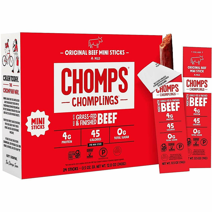 CHOMPS Original Beef Chomplings Snack Sticks Gluten-free, No Added Harmones - Original Beef Jerky, Spicy - 0.50 oz - 24 / Pack (LCO24)