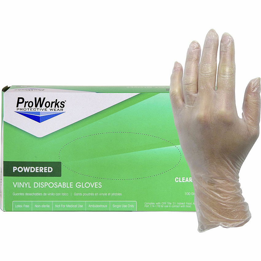 ProWorks Vinyl Powdered Industrial Gloves 3 mil Thickness x 9" Glove Length - Small Size - Vinyl - Clear - Powdered, Non-sterile - For Industrial, General Purpose, Construction, Food Processing, Food Service, Hospitality - 100/Box - 10 / Carton (GLV103PS)