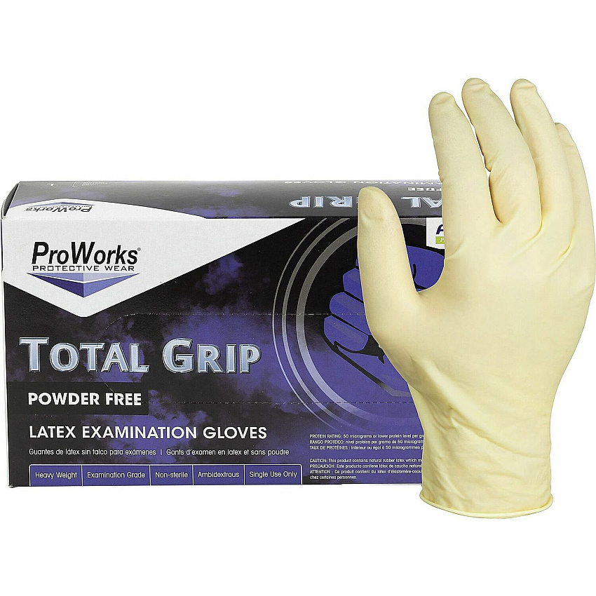 ProWorks Total Grip Latex Powder Free Exam Gloves 8 mil Thickness x 9.40" Glove Length - Large Size - For Right/Left Hand - Latex - Natural - Double Chlorinated, Non-sterile - For Automotive, Aerospace, Correction, Laboratory, Oil & Gas, Painti (GLL165FL)