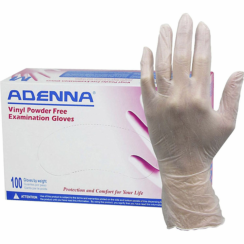 Adenna Vinyl Powder Free Exam Gloves 4 mil Thickness x 9.40" Glove Length - Small Size - Polyvinyl Chloride (PVC) - Translucent - Latex-free, Comfortable, Non-sterile - For Examination, Industrial, Cosmetology, Food Processing, Healthcare, Hospit (VPF232)