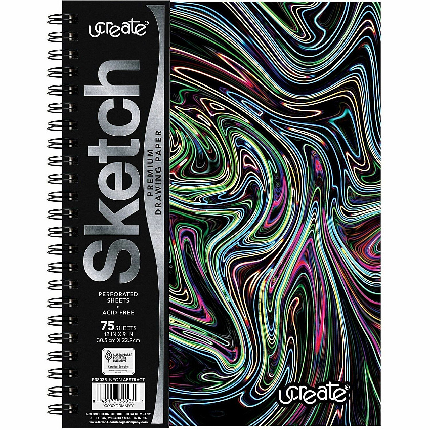 Pacon Fashion Sketch Book 75 Pages - Spiral - 120 g/m² Grammage - 9" x 6" Sheet Size - Neon Neon Squiggles Cover - Acid-free, Perforated, Durable - 1 Each (P38035)