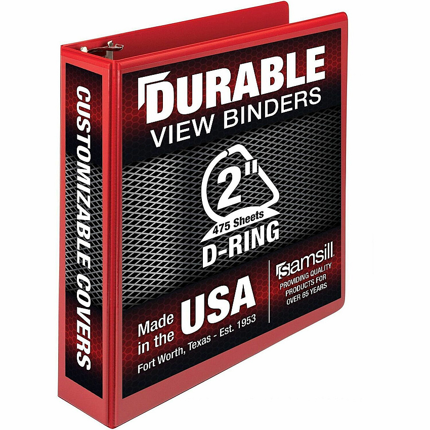 Samsill Durable Three-Ring View Binder 2" Binder Capacity - 475 Sheet Capacity - 3 Ring - Fastener: D-Ring - Pocket: 2, Internal - Polypropylene, Chipboard - Red - Recycled - Durable, PVC-free, Ink-transfer Resistant, Clear Overlay, Sturdy - 1 Eac (16463)