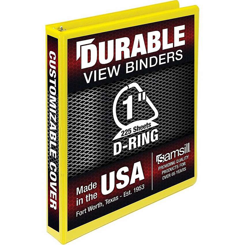 Samsill Durable Three-Ring View Binder 1" Binder Capacity - 225 Sheet Capacity - 3 Ring - Fastener: D-Ring - Pocket: 2, Internal - Polypropylene, Chipboard - Yellow - Recycled - Durable, PVC-free, Ink-transfer Resistant, Clear Overlay, Sturdy - 1  (16431)