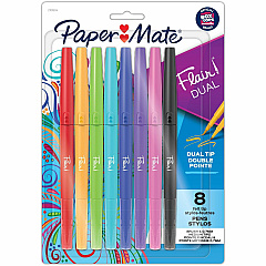 Paper Mate Flair DUAL Pens, Brush & Medium Tips (0.7mm) 0.7 mm Pen Point - Assorted Ink - 8 / Pack (2181604)