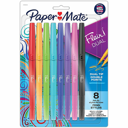 Paper Mate Flair DUAL Pens, Brush & Medium Tips (0.7mm) 0.7 mm Pen Point - Assorted Ink - 8 / Pack (2181604)
