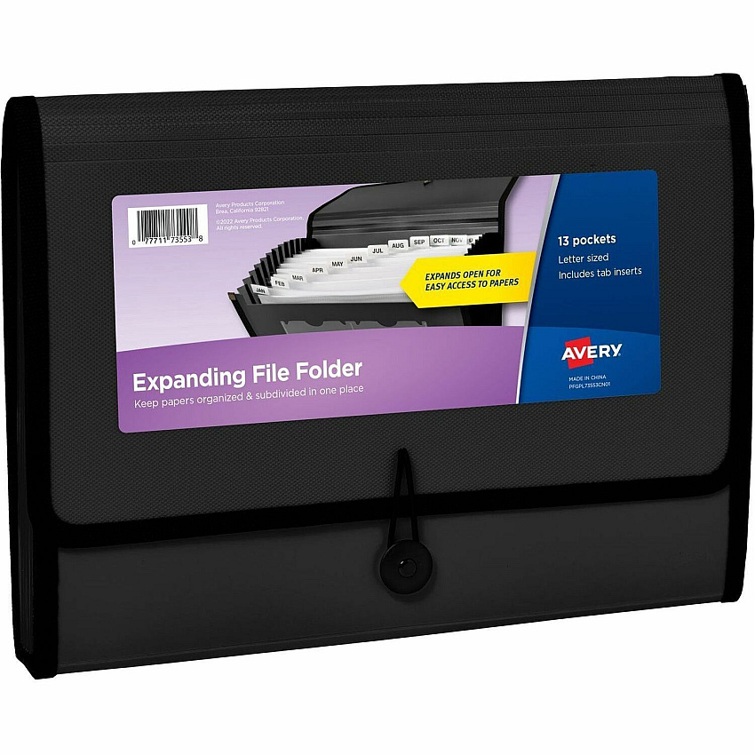 Avery&reg; Letter, A4 Recycled Expanding File 425 Sheets Capacity - 13 Pocket - Polypropylene, Plastic, Fabric - Black - 100% Recycled - 1 Each (73553)