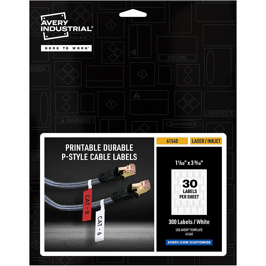 Avery&reg; Cable Labels, P-Style, 1.02" x 3.3" , 300 Total Waterproof - 1 1/64" Width x 3 19/64" Length - Permanent Adhesive - P-shaped - Laser, Inkjet - White - Film - 30 / Sheet - 10 Total Sheets - 300 Total Label(s) - 1 Pack (61540)