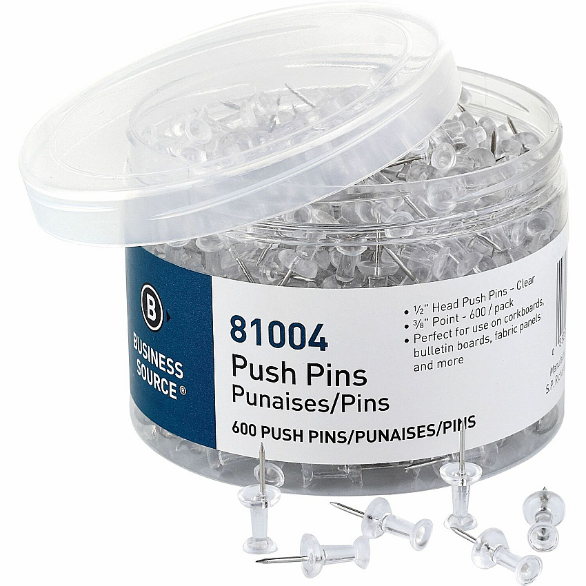 Business Source 1/2" Head Pushpins 0.50" Head - for Notes, Photo, Corkboard, Bulletin Board, Fabric Panel - Clear - 600 / Pack (BSN81004)