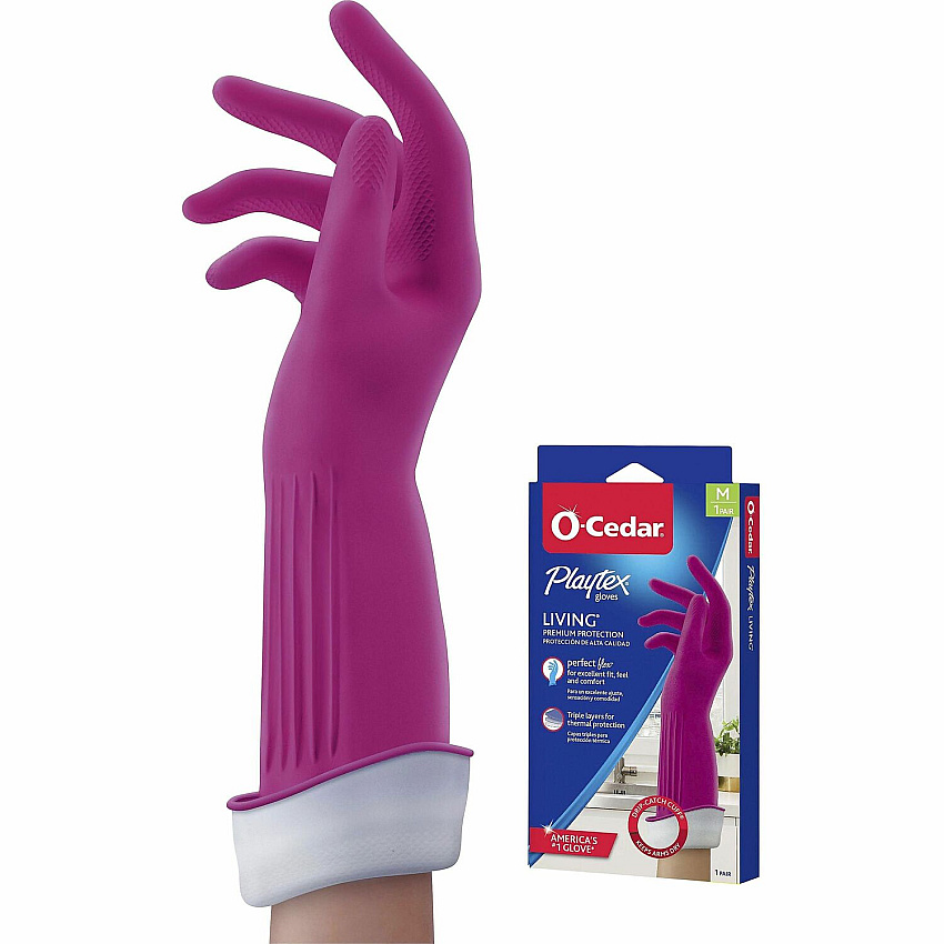 O-Cedar Playtex Living Gloves 14" Glove Length - Chemical, Bacteria Protection - Medium Size - Latex, Neoprene, Nitrile - Pink - Anti-microbial, Reusable, Durable, Comfortable, Odor Resistant, Textured Palm, Textured Fingertip - For Household, Cl (166119)