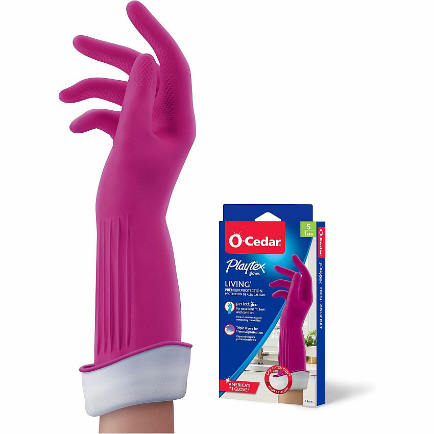 O-Cedar Playtex Living Gloves 14" Glove Length - Chemical, Bacteria Protection - Small Size - Latex, Neoprene, Nitrile - Pink - Anti-microbial, Reusable, Durable, Comfortable, Odor Resistant, Textured Palm, Textured Fingertip - For Household, Cle (166118)