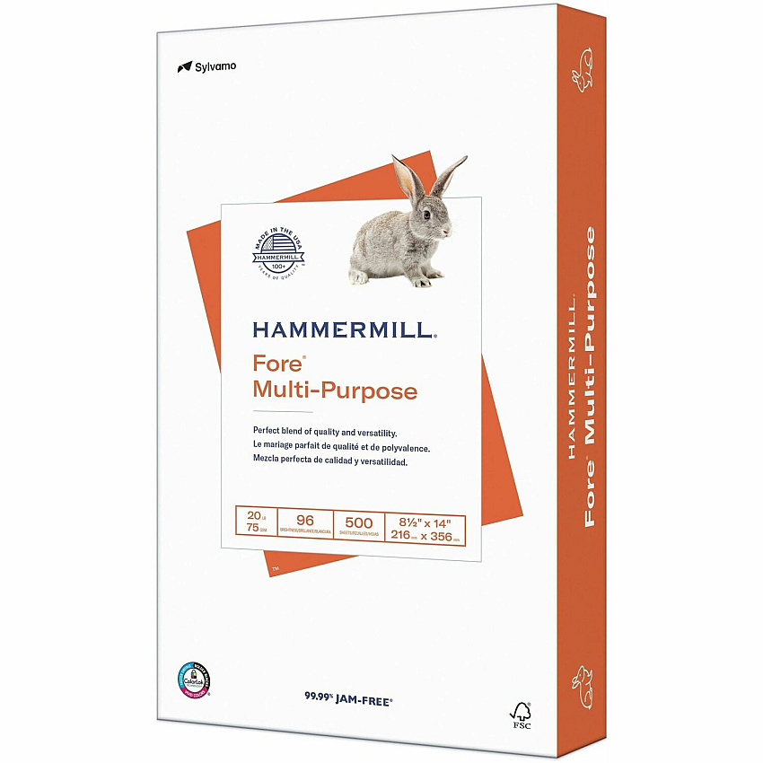 Hammermill Fore Multi-Purpose 20 lb. Paper 96 Brightness - 90% Opacity - 8 1/2" x 14" - 20 lb Basis Weight - 75 g/m² Grammage - Jam-free, ColorLok Technology, Acid-free, Fast-drying, Double-sided - White - 500 Sheets per Ream - 10 / Carton (103291CT)