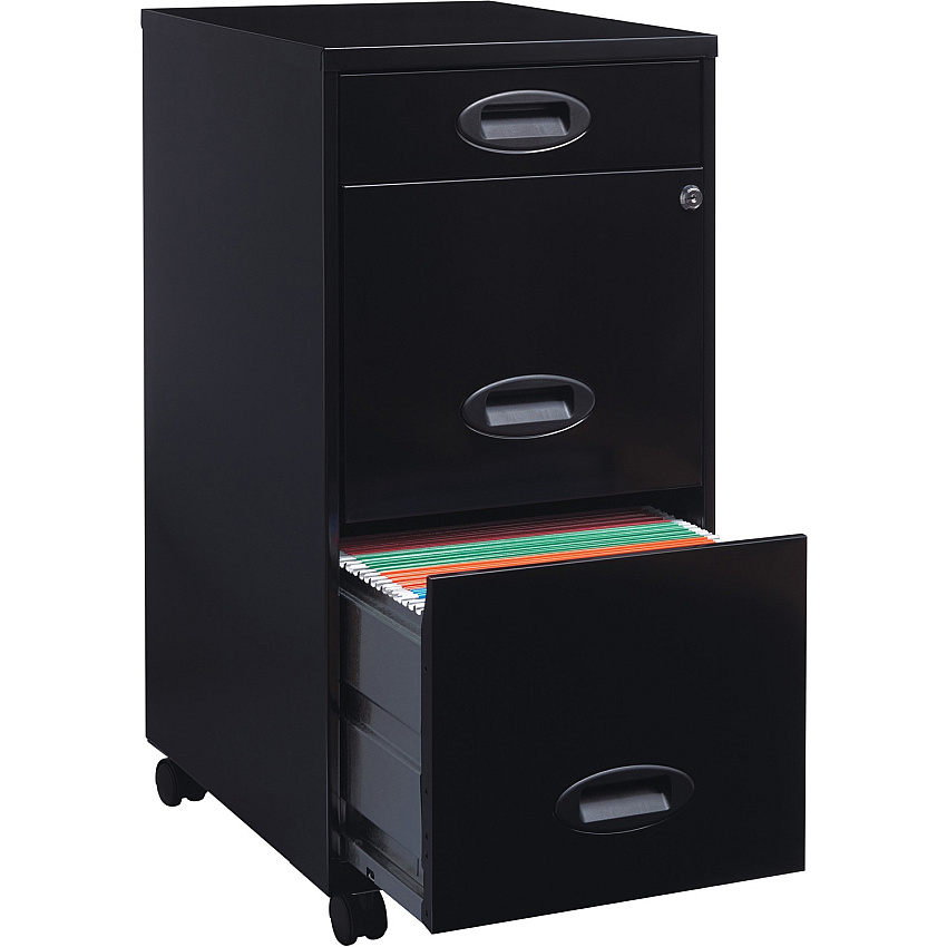 NuSparc File Cabinet 14.2" Width x 18" Depth x 29.5" Height - 3 x Drawer(s) for Pencil, File - Letter - Vertical - Mobility, Glide Suspension, Drawer Extension, Anti-tip, Lockable, Wheels, Nonporous Surface - Black - Painted Steel - Recycled - (VF318EMBK)