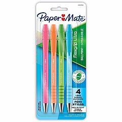 Paper Mate Flexgrip Ultra Recycled Pens 1 mm Medium Pen Point - Retractable - Black Ink - Green Rubberized, Pink, Orange, Blue, Assorted Barrel - 4 / Pack (2202864)