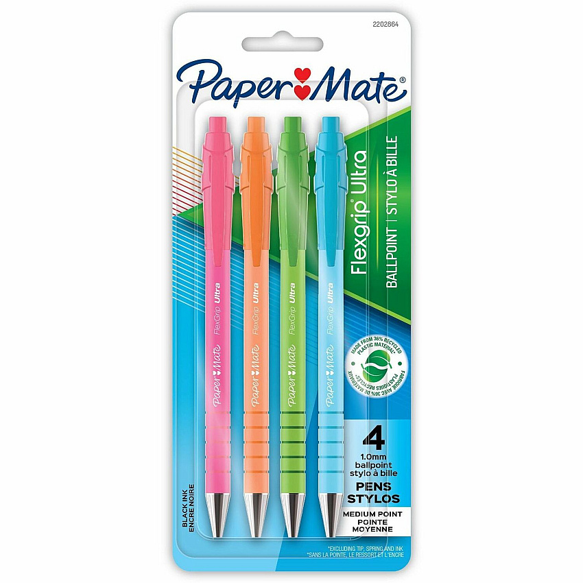 Paper Mate Flexgrip Ultra Recycled Pens 1 mm Medium Pen Point - Retractable - Black Ink - Green Rubberized, Pink, Orange, Blue, Assorted Barrel - 4 / Pack (2202864)