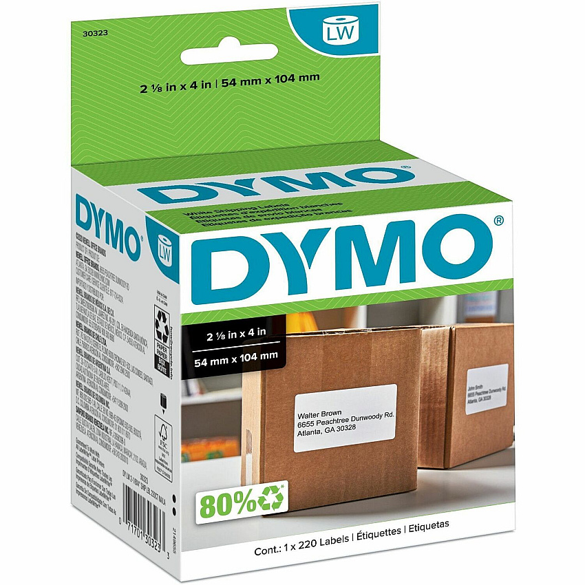 Dymo LW Shipping Labels x 2 1/8" Width x 4" Length - Roll - Direct Thermal - White - 220 / Roll - 10 / Carton (30323CT)