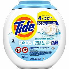 Tide Free & Gentle Laundry Detergent For Household, Washing Machine - Liquid, Pod - Hypoallergenic, Dye-free, Color Safe, Unscented - White - 76 / Pack (09488)