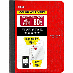 Acco Five Star Wide Ruled Composition Book 80 Sheets - Sewn - Wide Ruled Margin - 7 1/2" x 9 3/4" Sheet Size - Assorted Plastic Cover - Double Sided Sheet, Durable, Smooth, Snag Resistant - 1 Each (950033) Acco Five Star Wide Ruled Composition Book 80 Sheets - Sewn - Wide Ruled Margin - 7 1/2" x 9 3/4" Sheet Size - Assorted Plastic Cover - Double Sided Sheet, Durable, Smooth, Snag Resistant - 1 Each (950033)