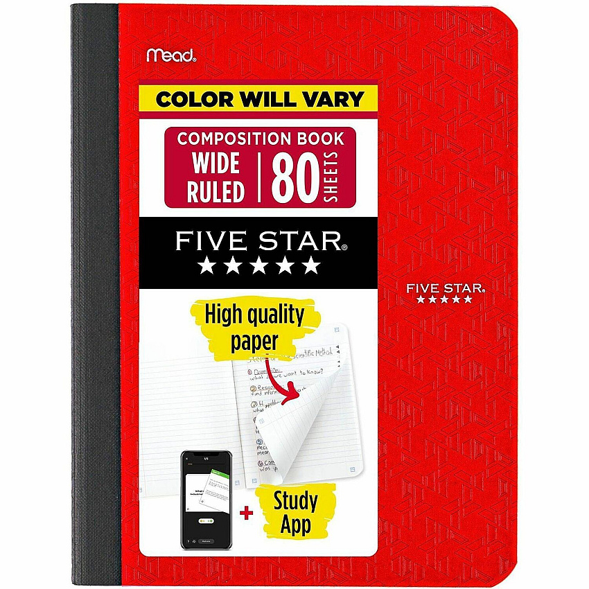 Acco Five Star Wide Ruled Composition Book 80 Sheets - Sewn - Wide Ruled Margin - 7 1/2" x 9 3/4" Sheet Size - Assorted Plastic Cover - Double Sided Sheet, Durable, Smooth, Snag Resistant - 1 Each (950033)