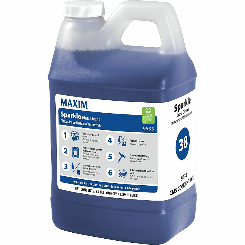 Maxim Sparkle Glass Cleaner For Window, Metal, Plastic, Fiberglass, Hard Surface, Glass, Mirror, Chrome - Concentrate - Liquid - 64 fl oz (2 quart) - 7.5 to 8 pH - Streak-free, Versatile, Quick Drying, Eco-friendly, Ammonia-free - Blue - 4 / C (95330065T)